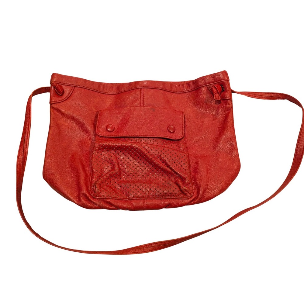 Contessa Vintage Red Leather Crossbody Bag Perforated Pocket Boho Slouchy Small